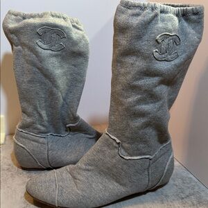 Chanel Gray Logo mid calf  Embroidered Boots